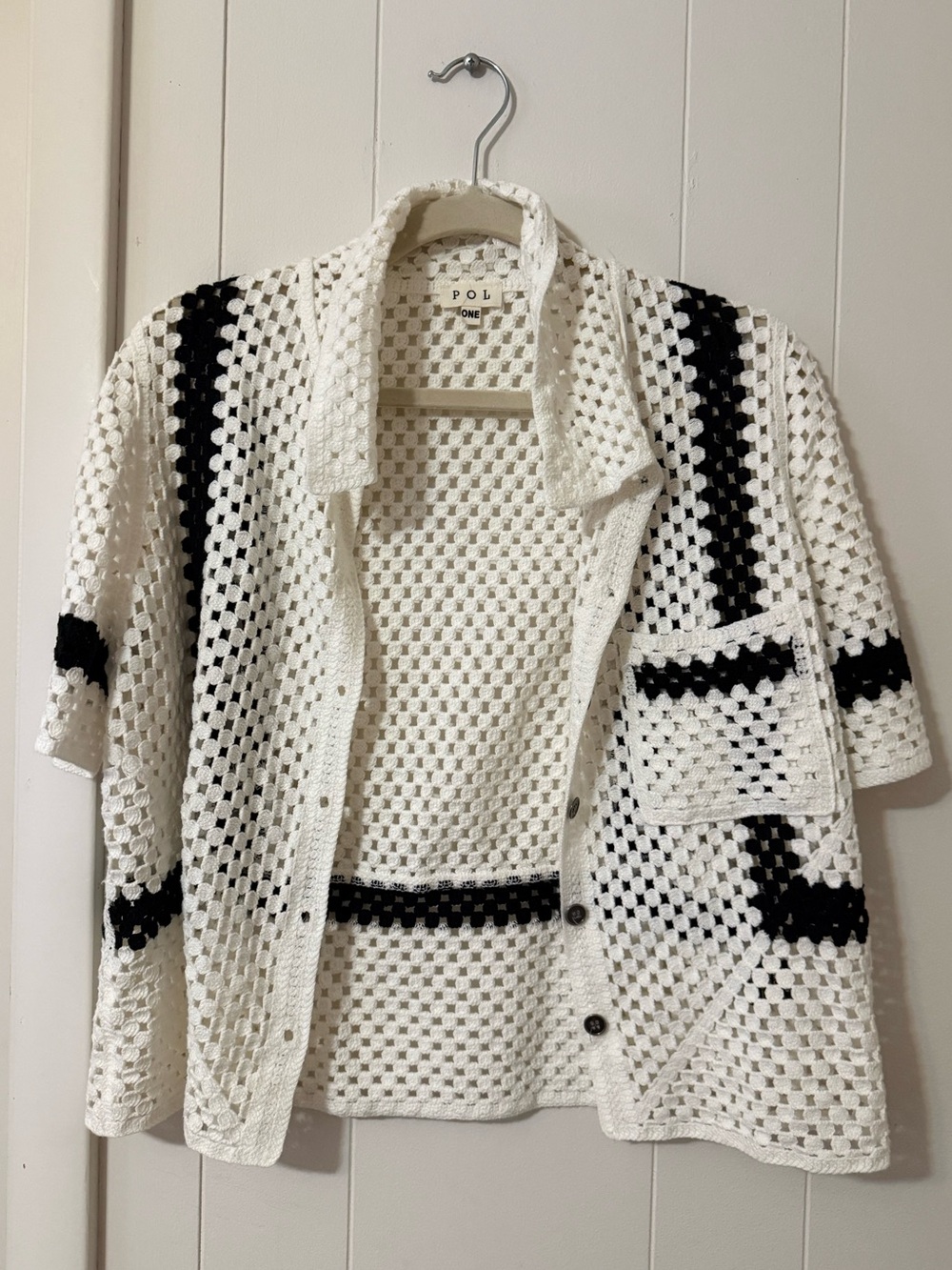POL White Crochet Knit Short Sleeve Top with Black Stripe Accents
